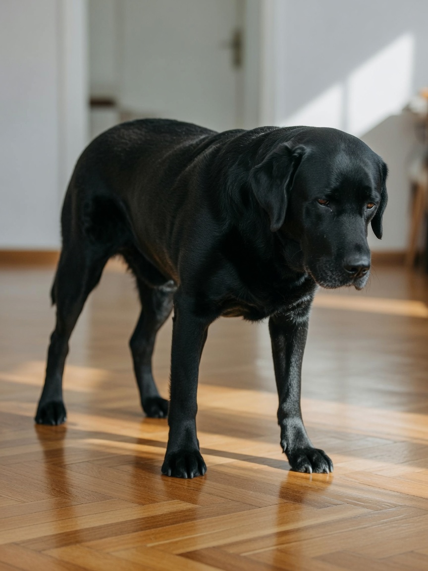 Cão demonstrando postura de mudança de peso e costas arqueadas indicando dor ortopédica