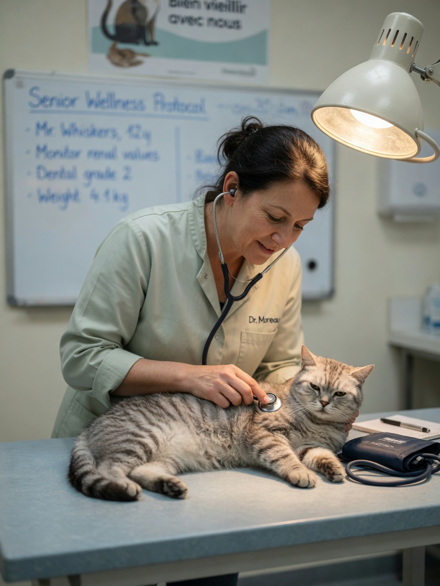 Veterinarian performing health examination on 12-year-old senior tabby cat with stethoscope and blood pressure monitoring equipment