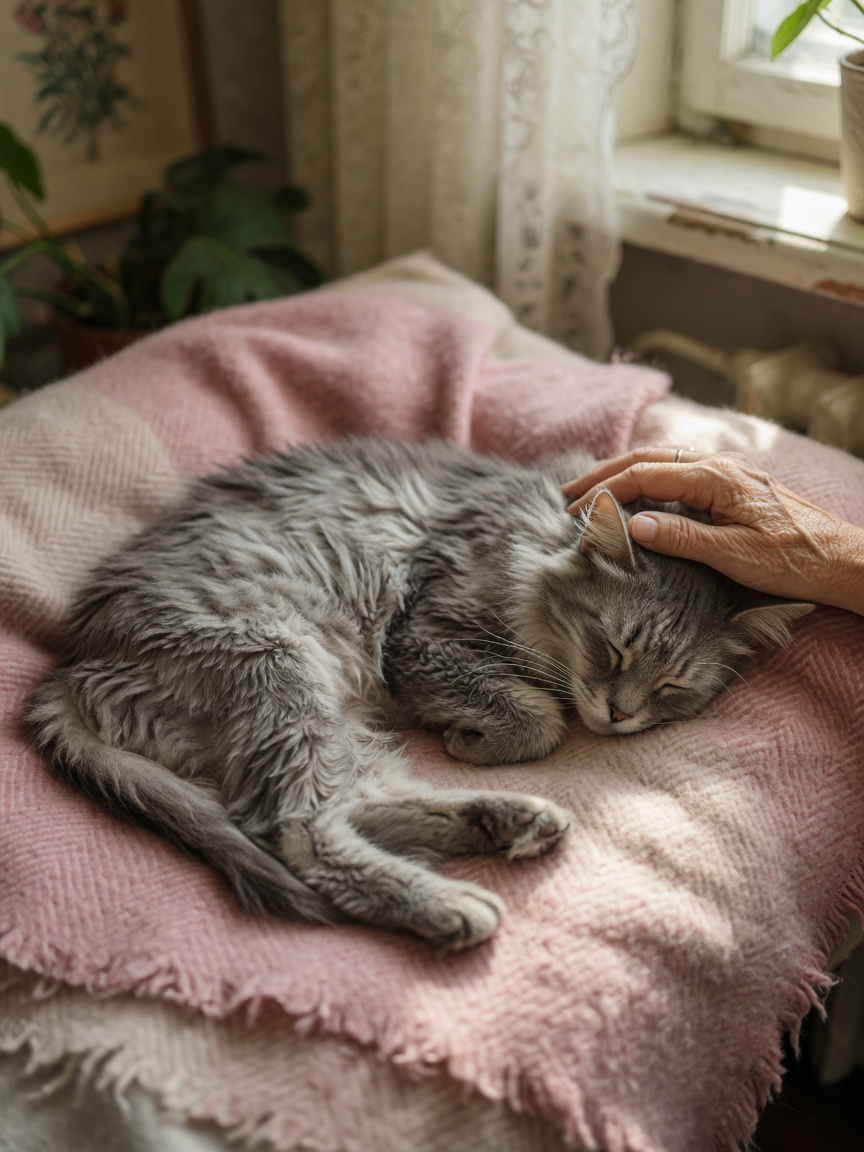 Geriatric cat resting peacefully on soft blanket with owner's hand gently providing comfort and warmth