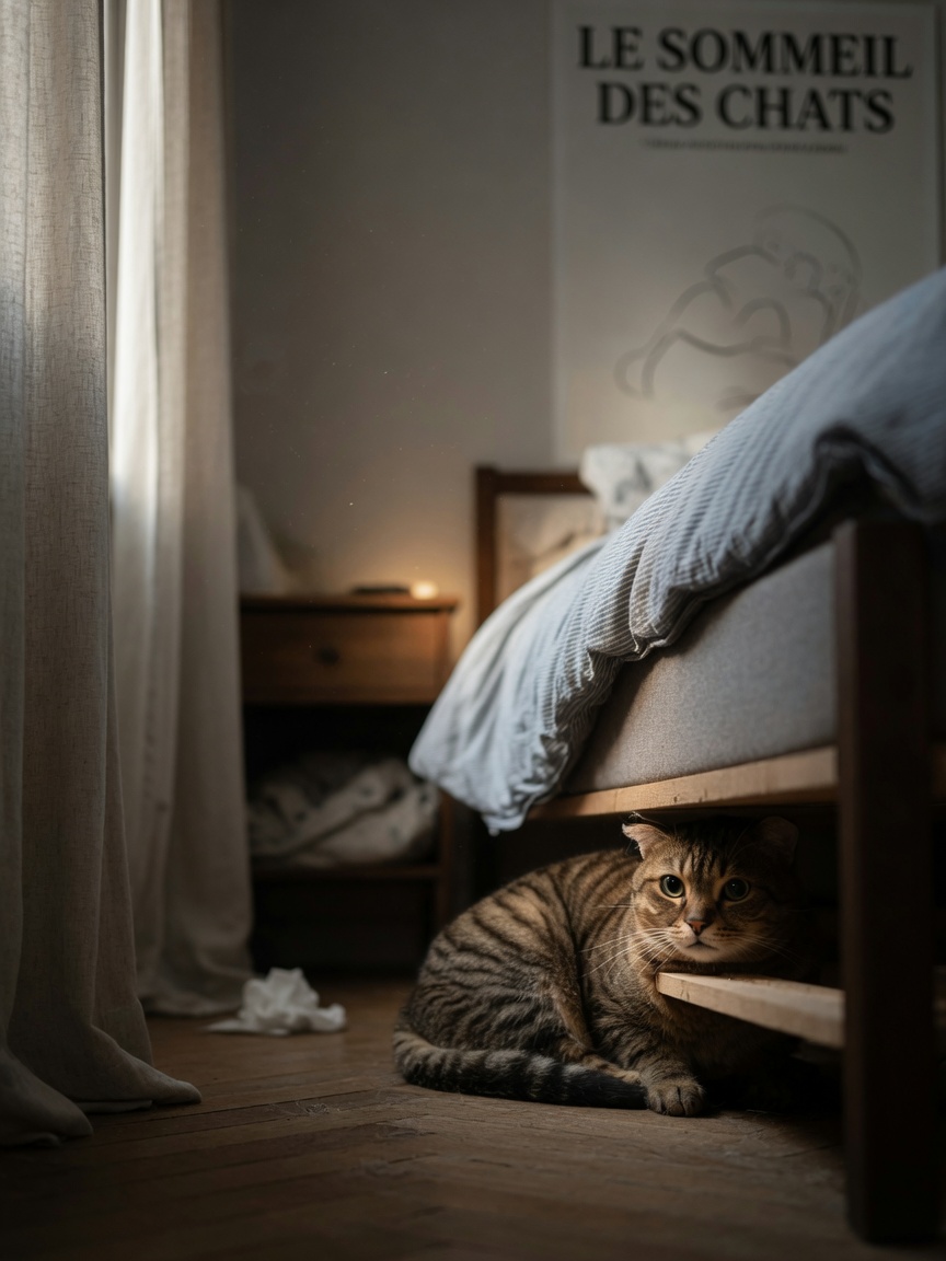 A cat hiding under a bed, withdrawn and staying in a confined space