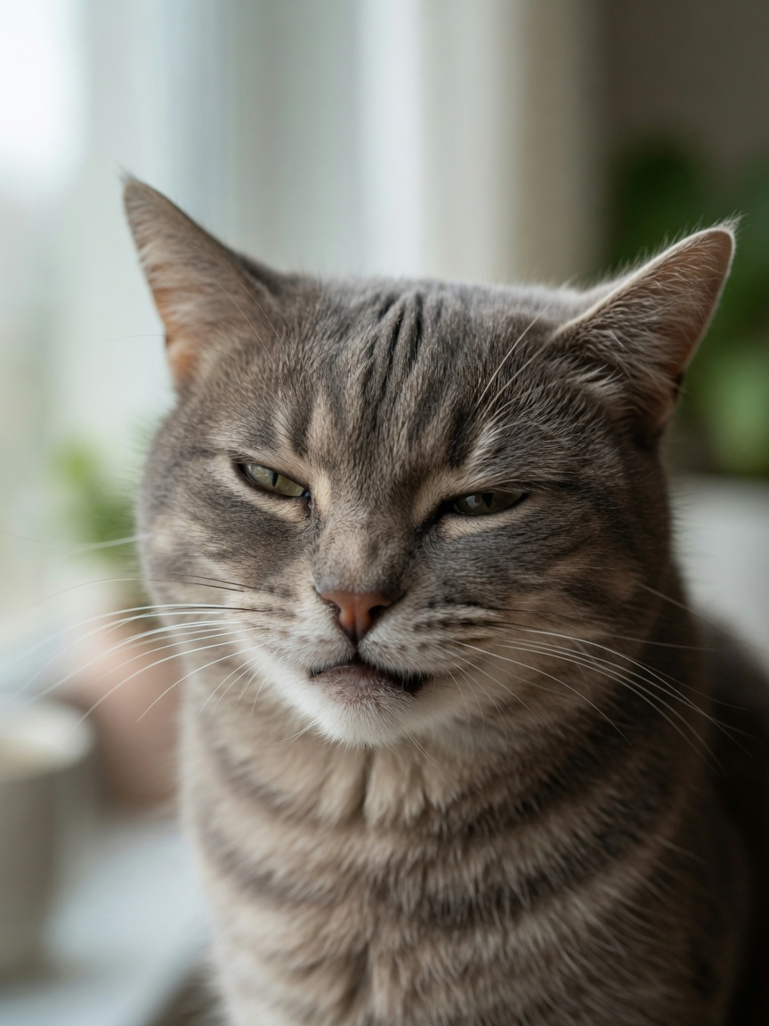 Close-up of a cat's face showing half-closed, squinting eyes and pain expression