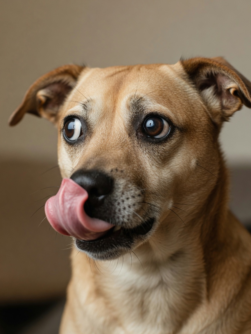 Close-up of a dog's face displaying acute stress signals including whale eye, frequent lip licking, and pinned back ears