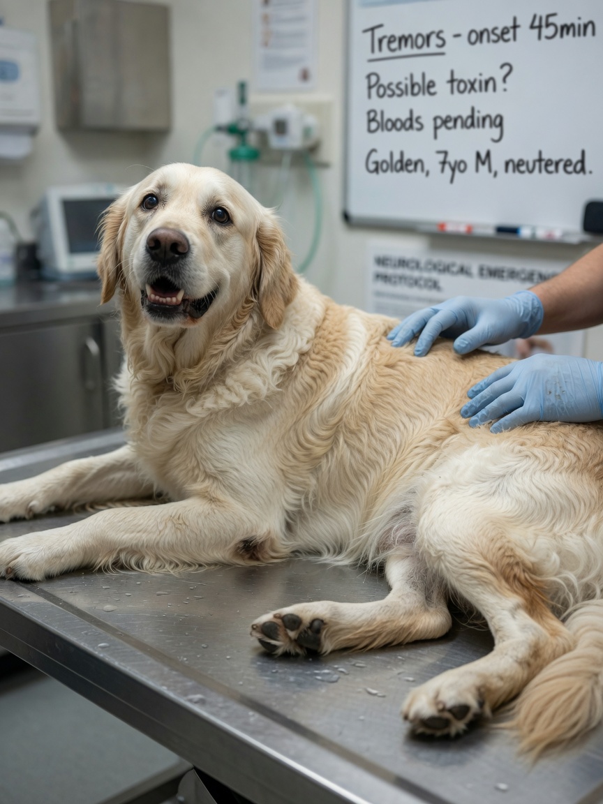 Distressed dog with visible muscle tremors on veterinary examination table during metaldehyde poisoning crisis