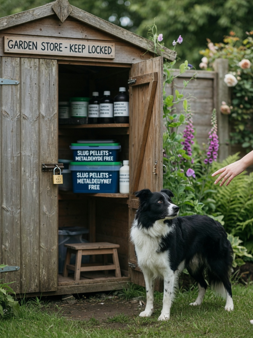 Secure locked storage shed for pesticides and slug pellets, demonstrating safe prevention methods for protecting pets from metaldehyde poisoning