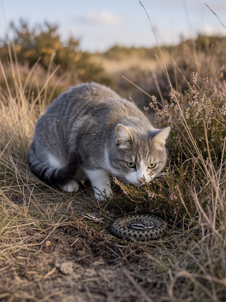 Cat investigating adder habitat in moorland grass during spring season
