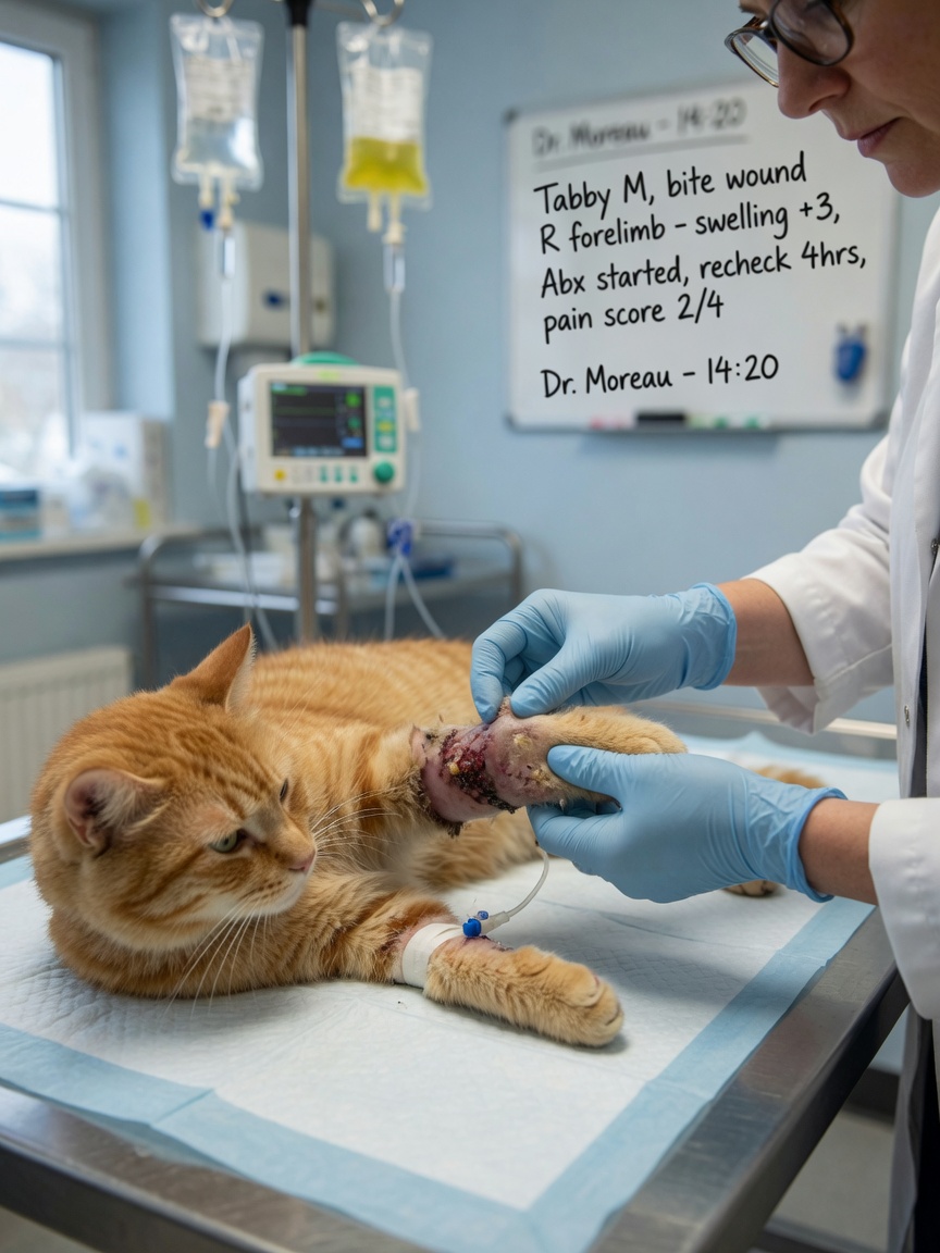 Veterinarian examining a cat's swollen adder bite wound during treatment with intravenous fluid therapy