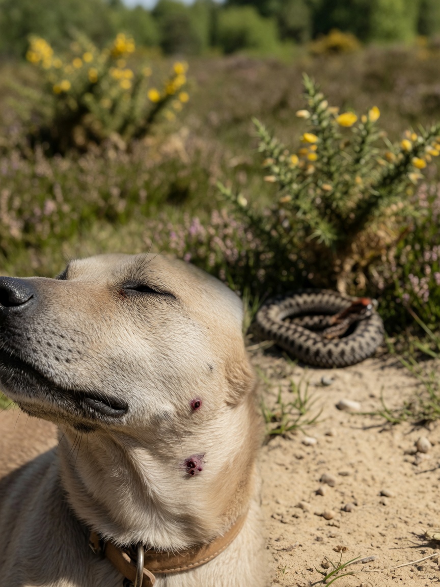 Close-up of two small puncture wounds on a dog's neck in heathland terrain with a coiled adder visible in blurred background vegetation.