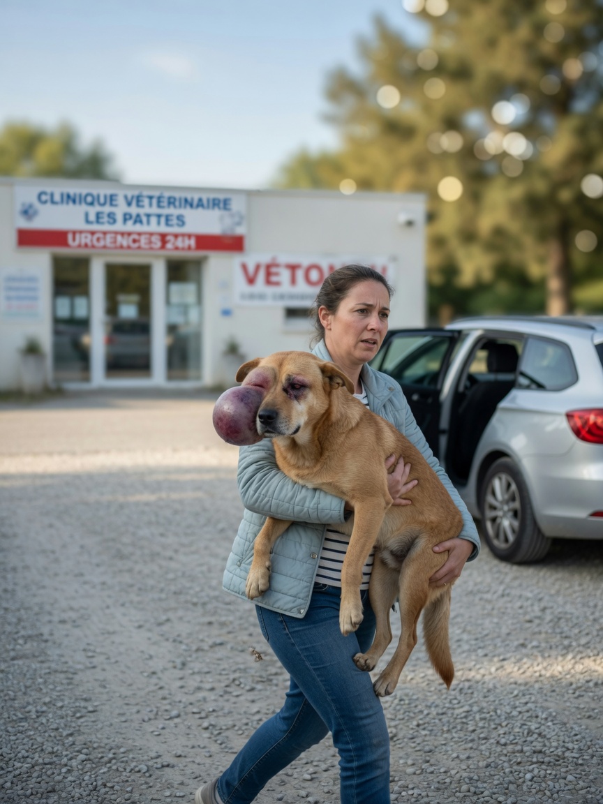 Owner urgently carrying an injured dog with facial swelling toward a car in a veterinary clinic car park.