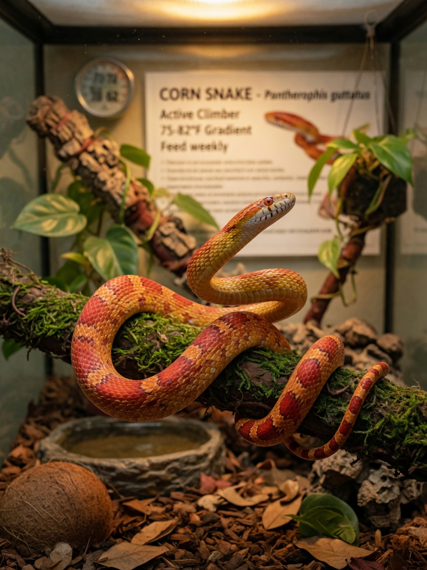 A bright orange and red corn snake with alert posture on a branch, demonstrating the species' more active nature and climbing ability