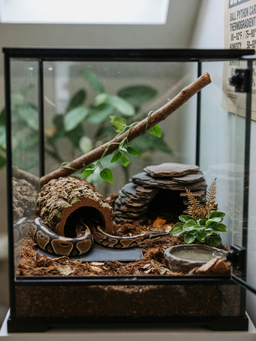A properly set-up ball python vivarium with front-opening glass design, dual hides, and appropriate substrate showing correct beginner enclosure setup