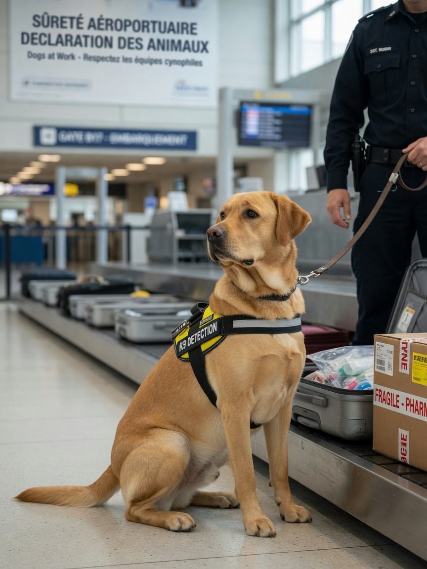 Golden Labrador detection dog performing an alert at airport security checkpoint beside luggage