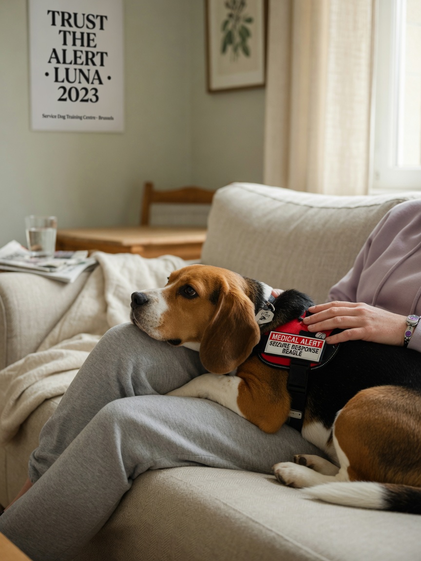 Beagle medical alert dog resting its head on the lap of a seated person, showing their bond and attentiveness