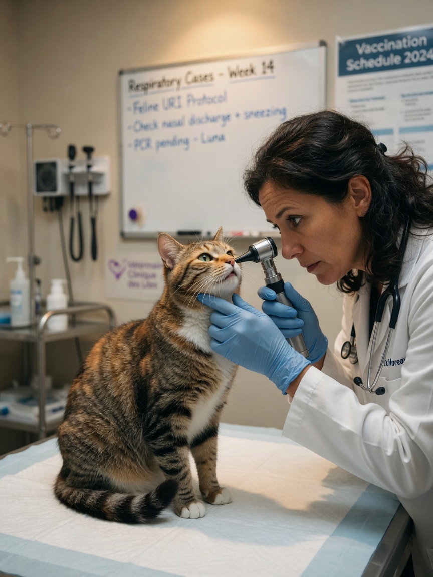 A veterinarian examining a cat's nasal passages and upper respiratory tract with an otoscope during a clinical assessment