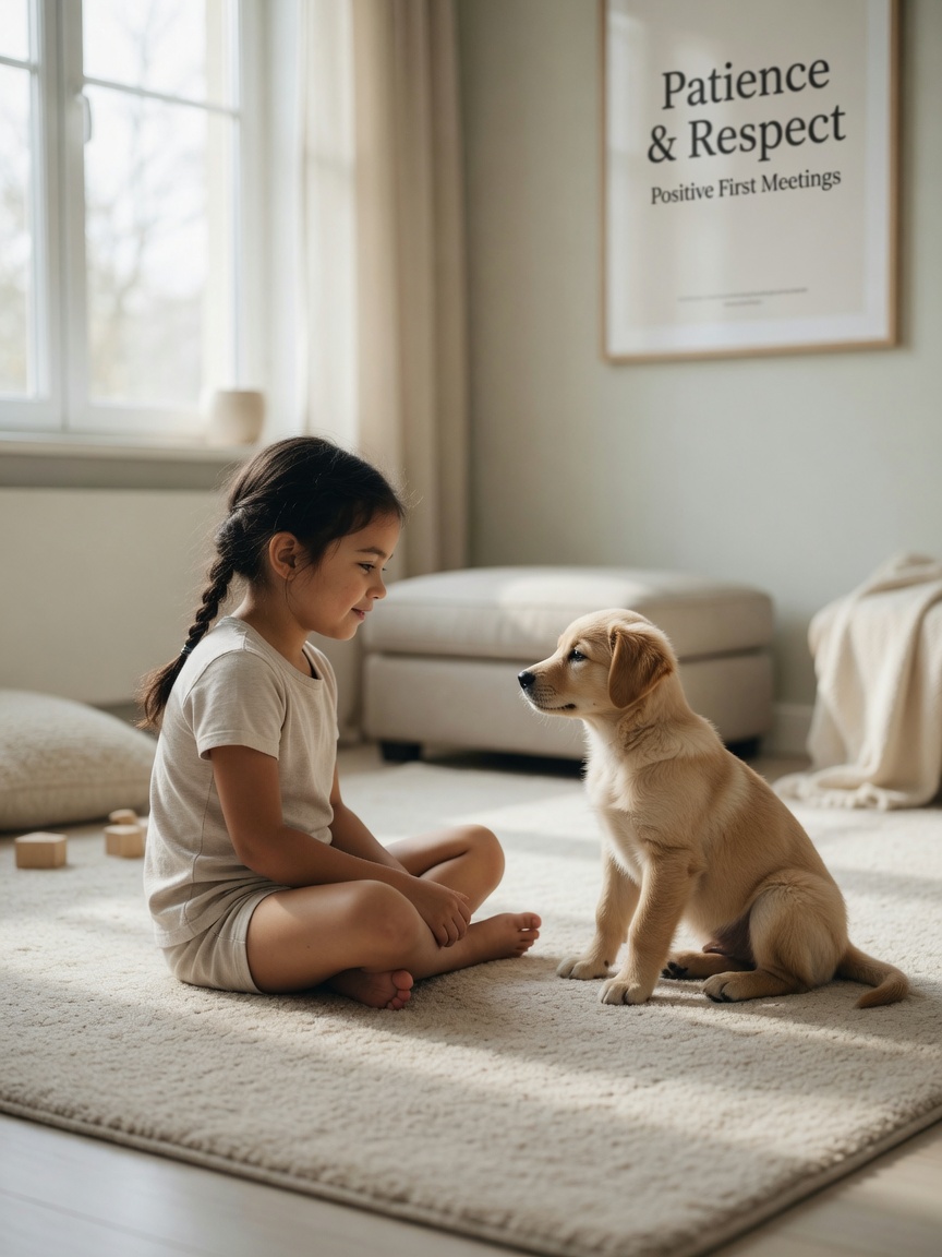 Puppy and child positioned correctly on floor, calm and relaxed before interaction begins