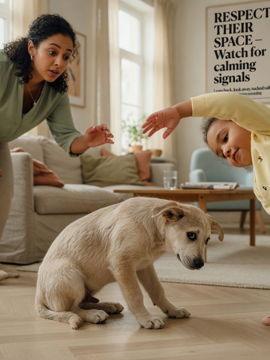 Puppy showing stress signals: tucked tail, pinned ears, head turned away, as child reaches overhead