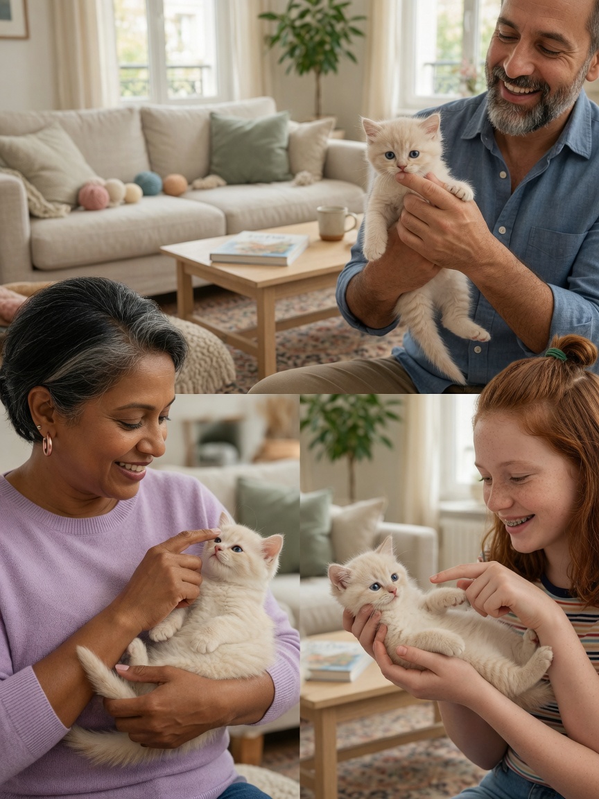 Kitten being handled by multiple different people during early socialization period