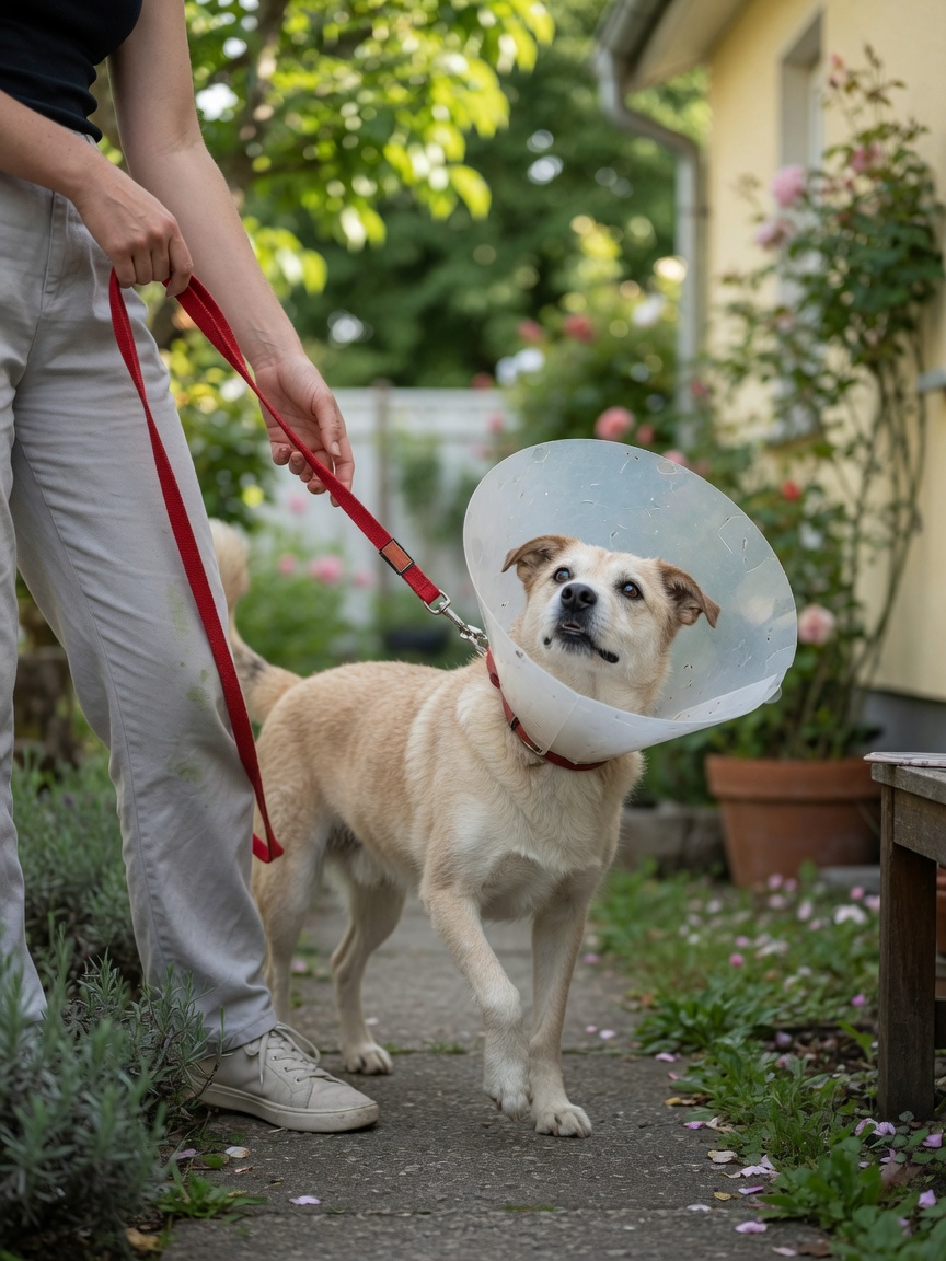 A recovering dog on a short leash during a controlled toilet walk, still wearing an Elizabethan collar, showing renewed energy
