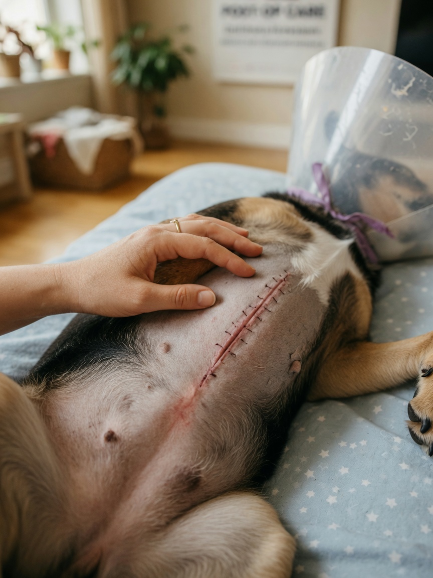 Owner gently examining a healing spay incision on a recovering dog's abdomen during home wound check