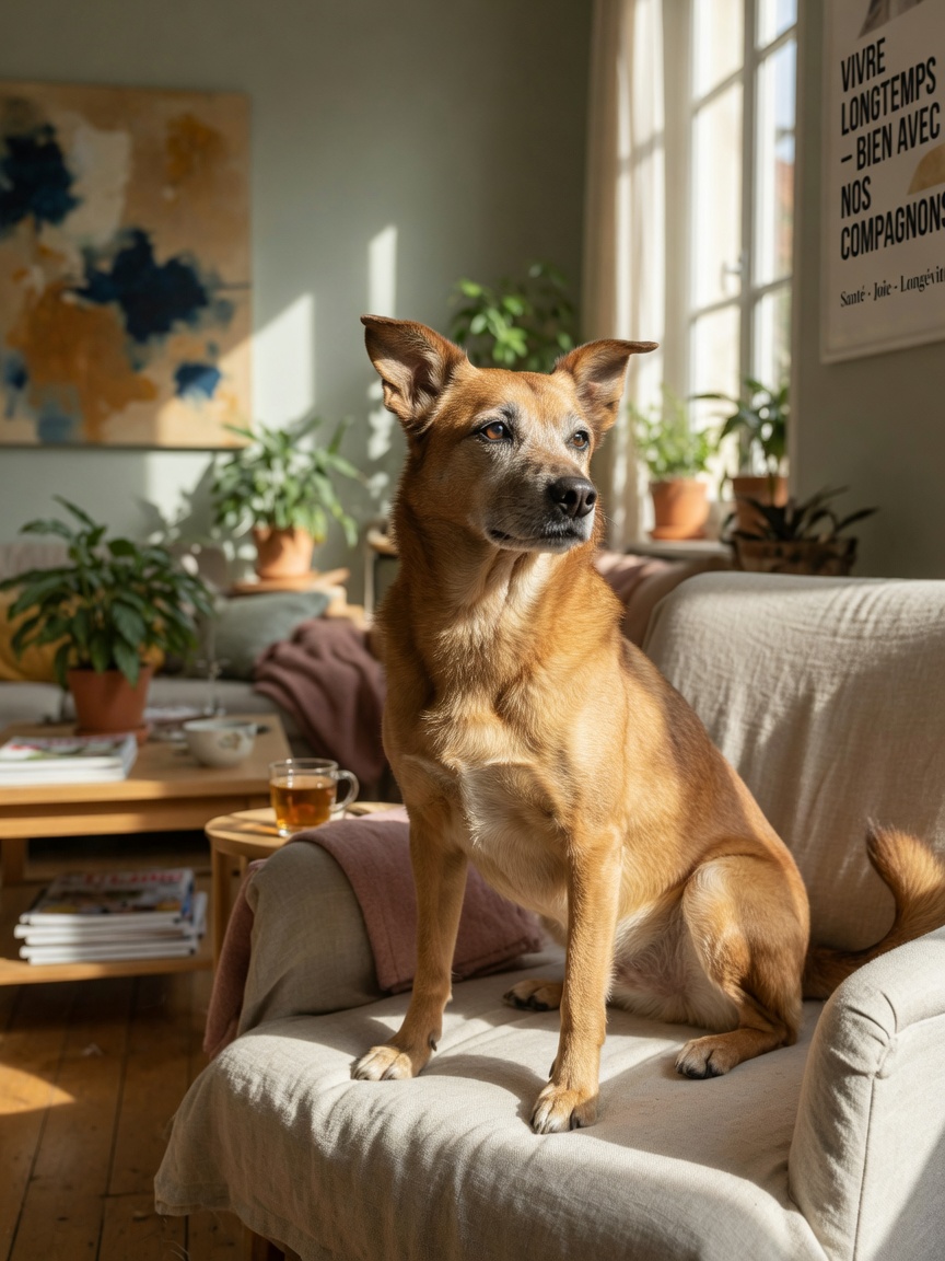Healthy female dog with vibrant coat sitting in sunlit home environment