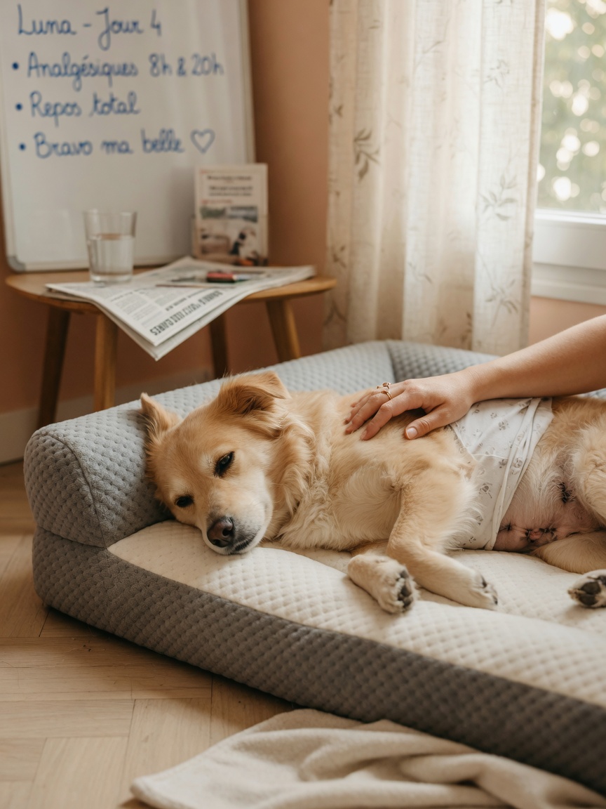 Female dog resting on soft bed with owner's gentle hand on her side during post-operative recovery