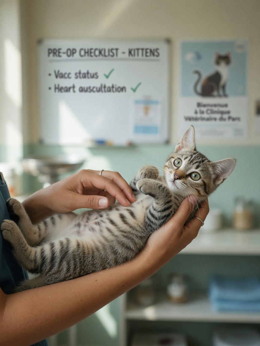 Young 4-month-old kitten being gently examined by veterinarian during pre-operative health assessment