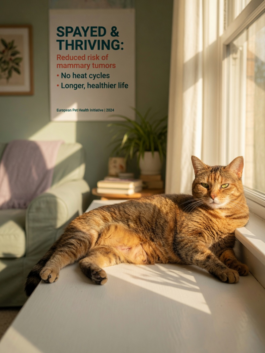 Content spayed adult female cat resting peacefully on sunny windowsill, exemplifying long-term health and wellness
