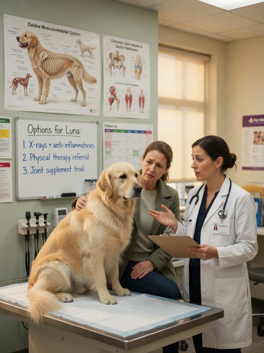 A veterinarian discussing spaying options with a dog owner and a cream-colored Golden Retriever in a bright clinic consultation room