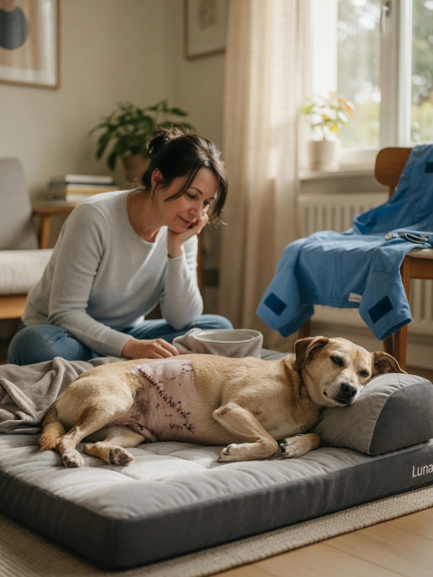 A dog resting on an orthopedic bed during post-operative recovery with her attentive owner sitting nearby in a peaceful home setting