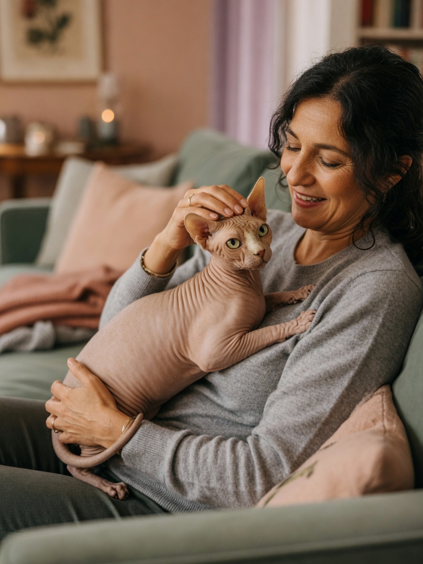 A Sphynx cat snuggled in an owner's lap on a couch, demonstrating the breed's affectionate and attention-seeking temperament.