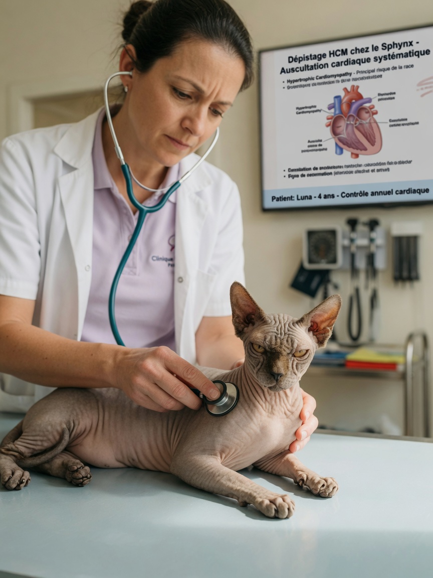 A veterinarian performing cardiac examination on a Sphynx cat using a stethoscope to screen for heart conditions.