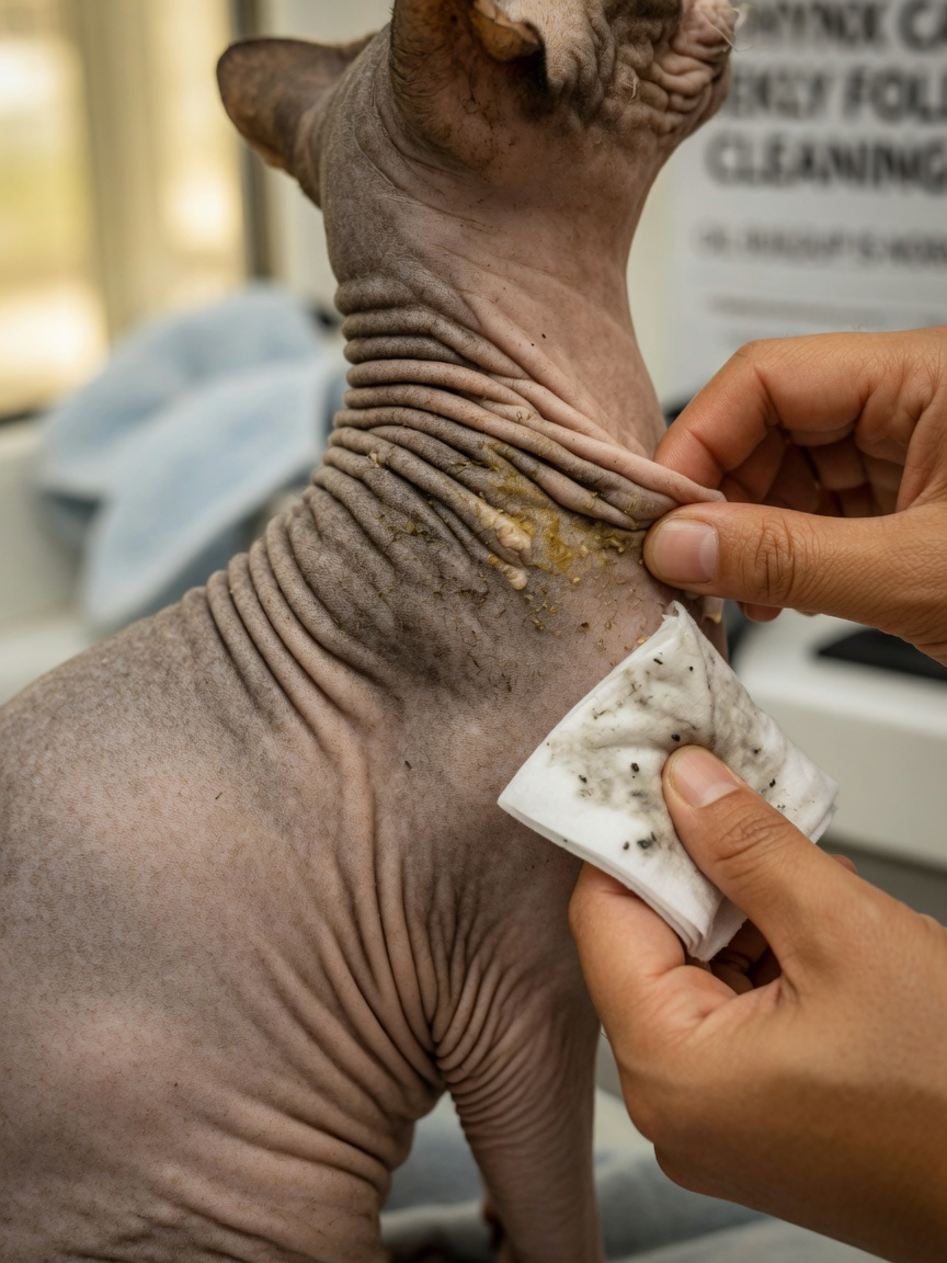 Close-up of hairless Sphynx cat's wrinkled skin folds being cleaned with a soft cloth