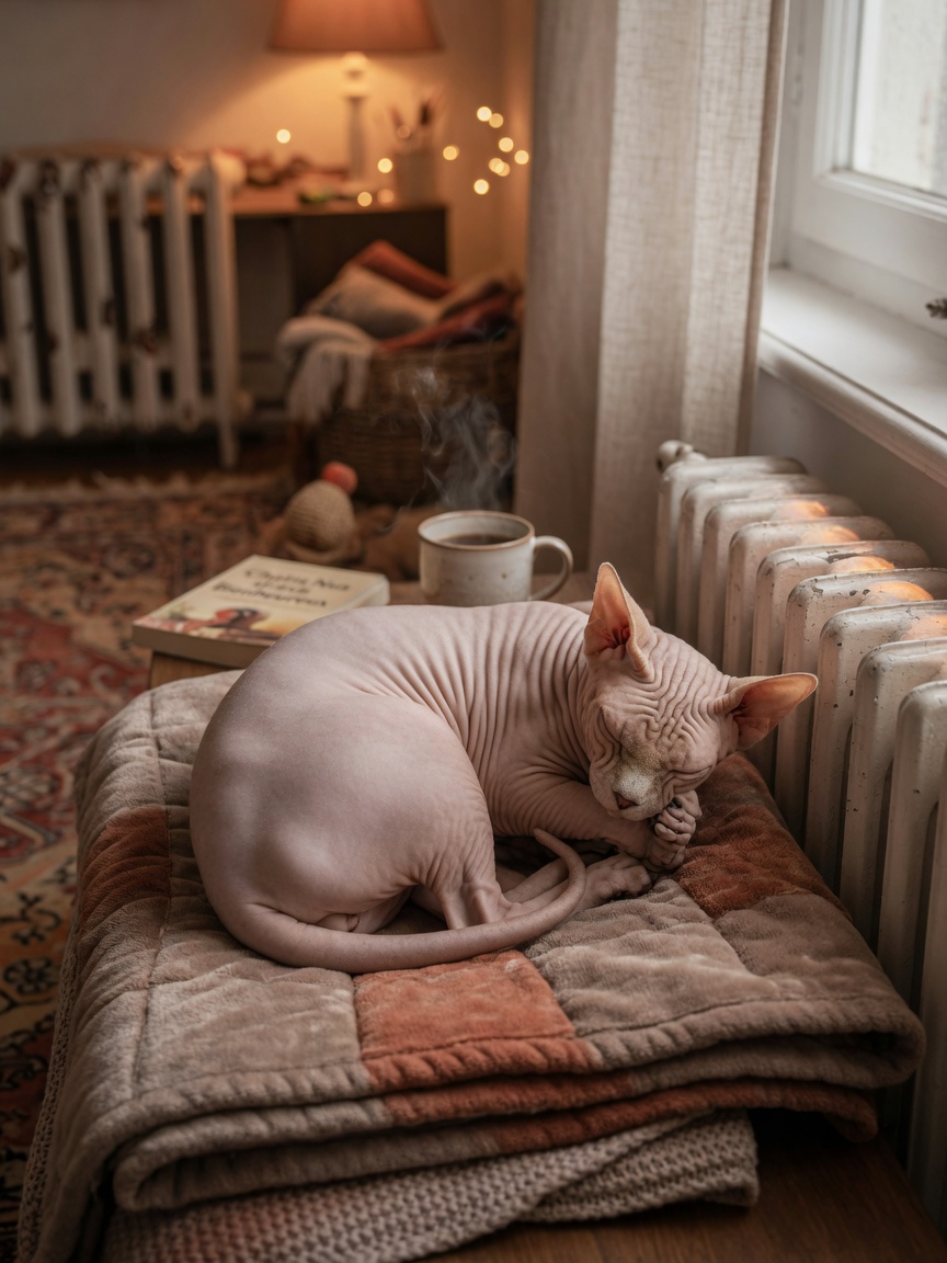 Hairless Sphynx cat resting on a heated bed near a warm radiator indoors