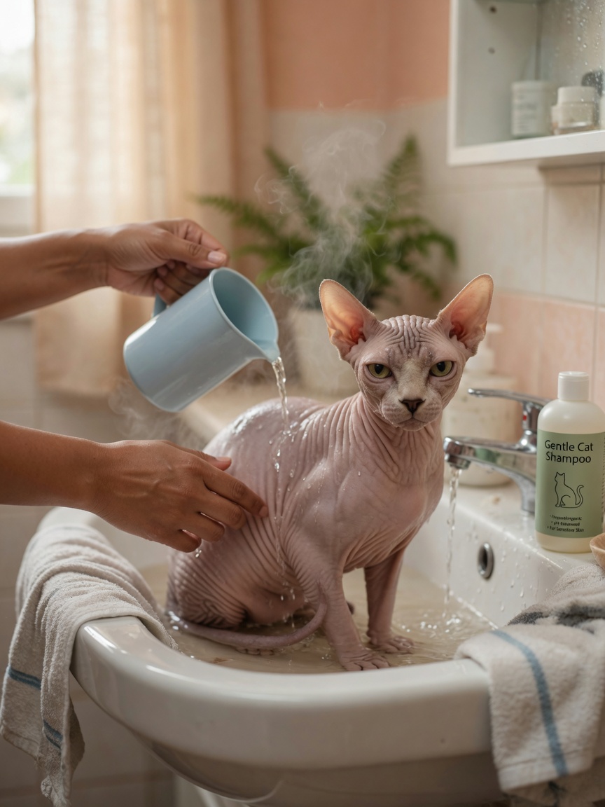 Sphynx cat receiving weekly bath with gentle care from owner's hands