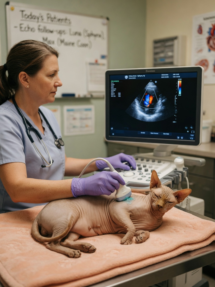 Veterinary cardiologist performing echocardiographic heart screening on a Sphynx cat with ultrasound probe