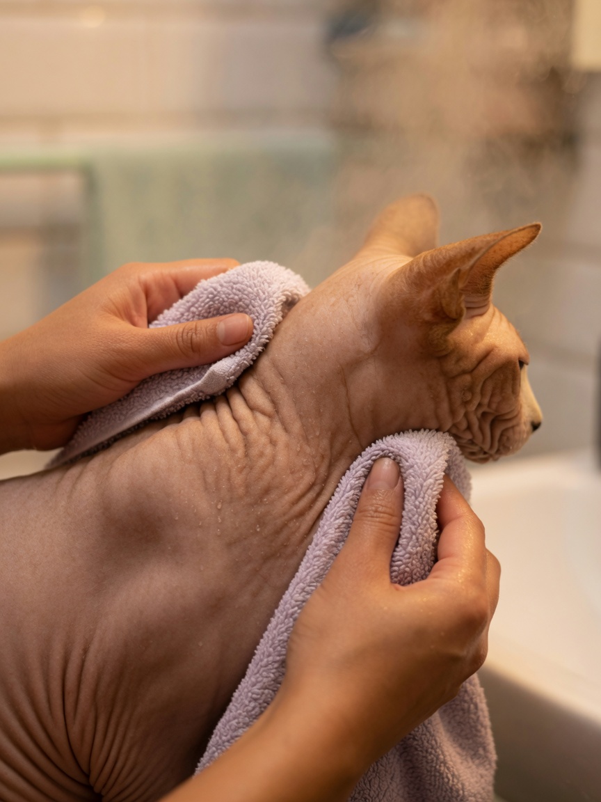 Close-up of Sphynx cat's wrinkled skin being carefully dried with a soft towel after bathing
