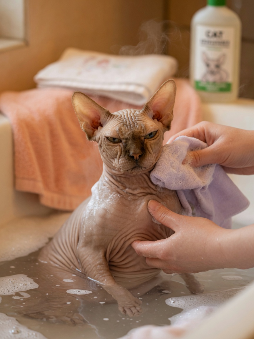 Hairless Sphynx cat being gently bathed by owner during weekly grooming routine