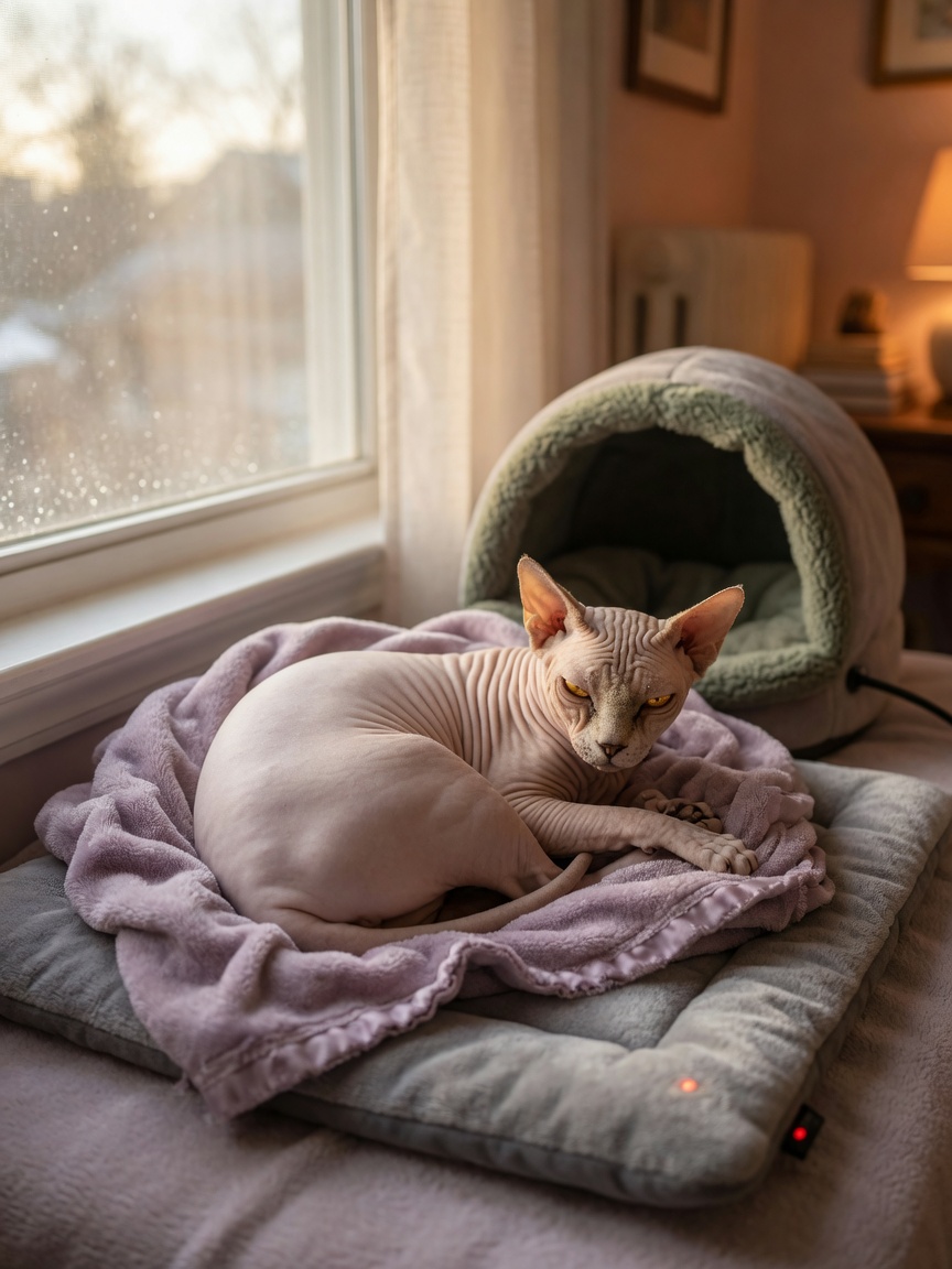 Hairless Sphynx cat resting on heated thermal bed and blanket for temperature regulation