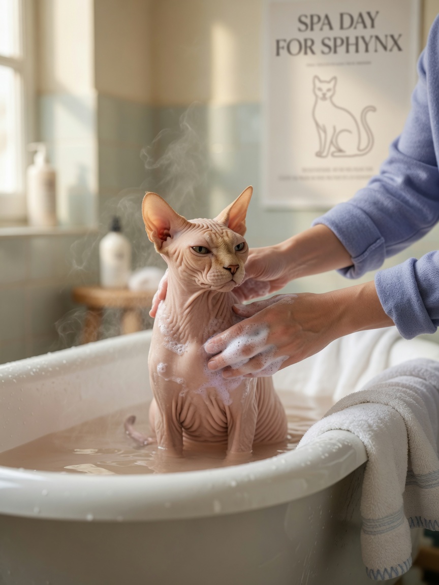 Gatto Sphynx sottoposto a bagno settimanale per la manutenzione della cura della pelle