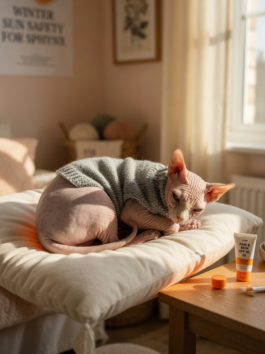 Gatto Sphynx che riposa su un letto riscaldato con maglione per la regolazione della temperatura