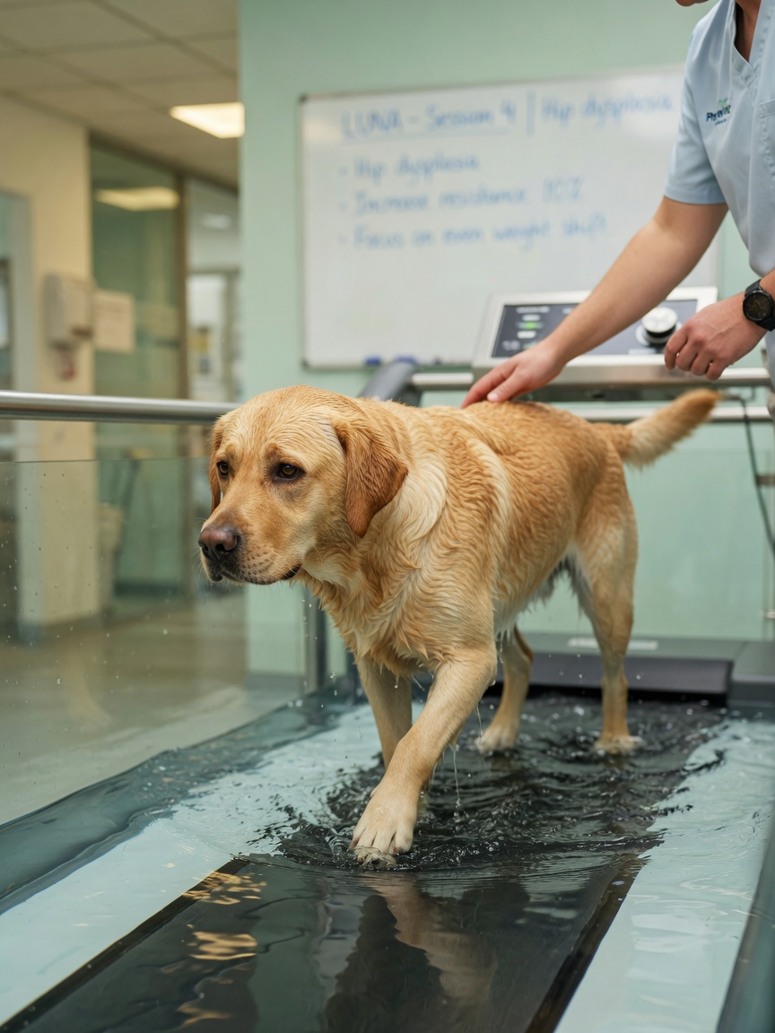 Veterinary neurologist performing neurological examination on dog with MRI machine visible in background