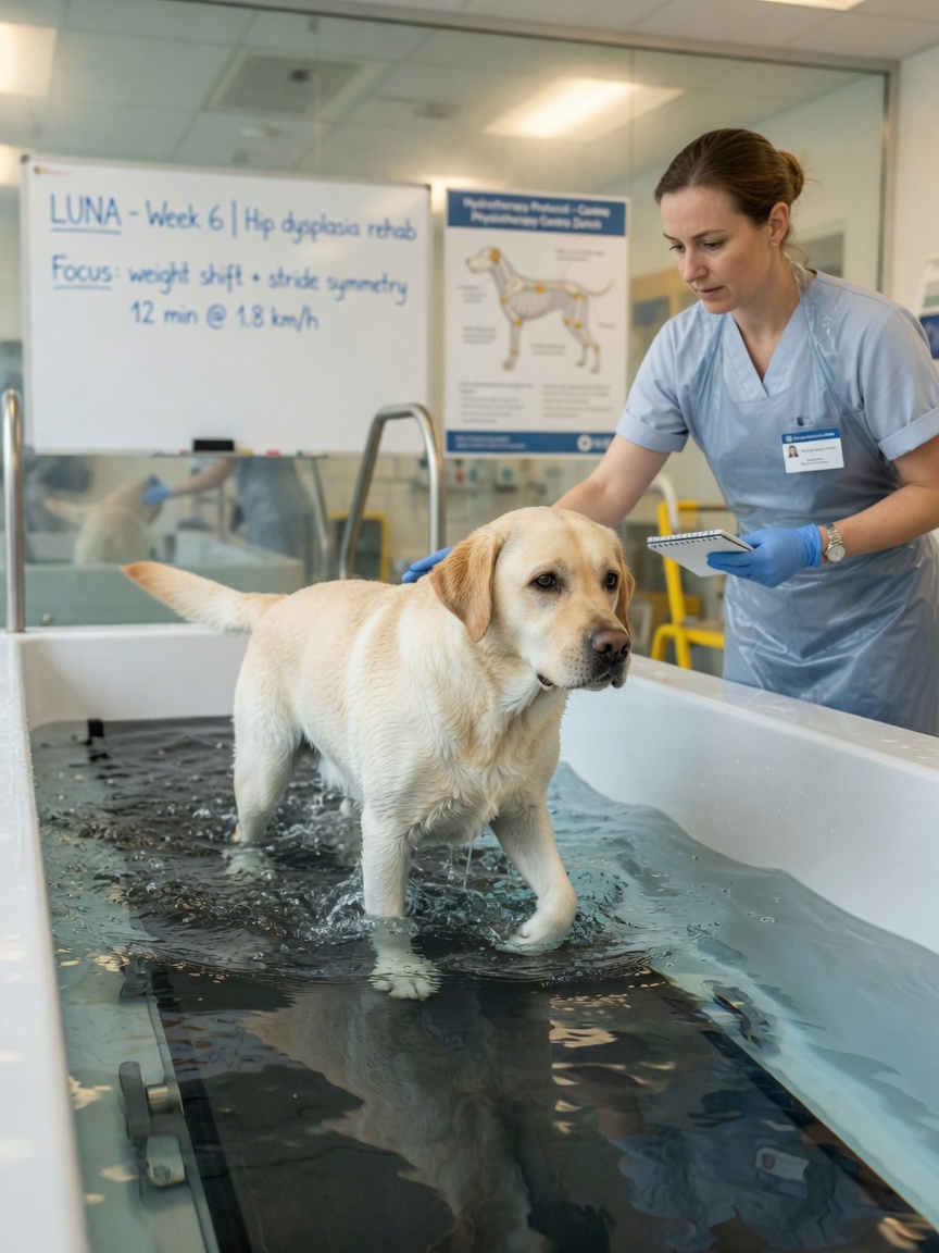 Golden Labrador walking on underwater treadmill during hydrotherapy rehabilitation with physiotherapist monitoring