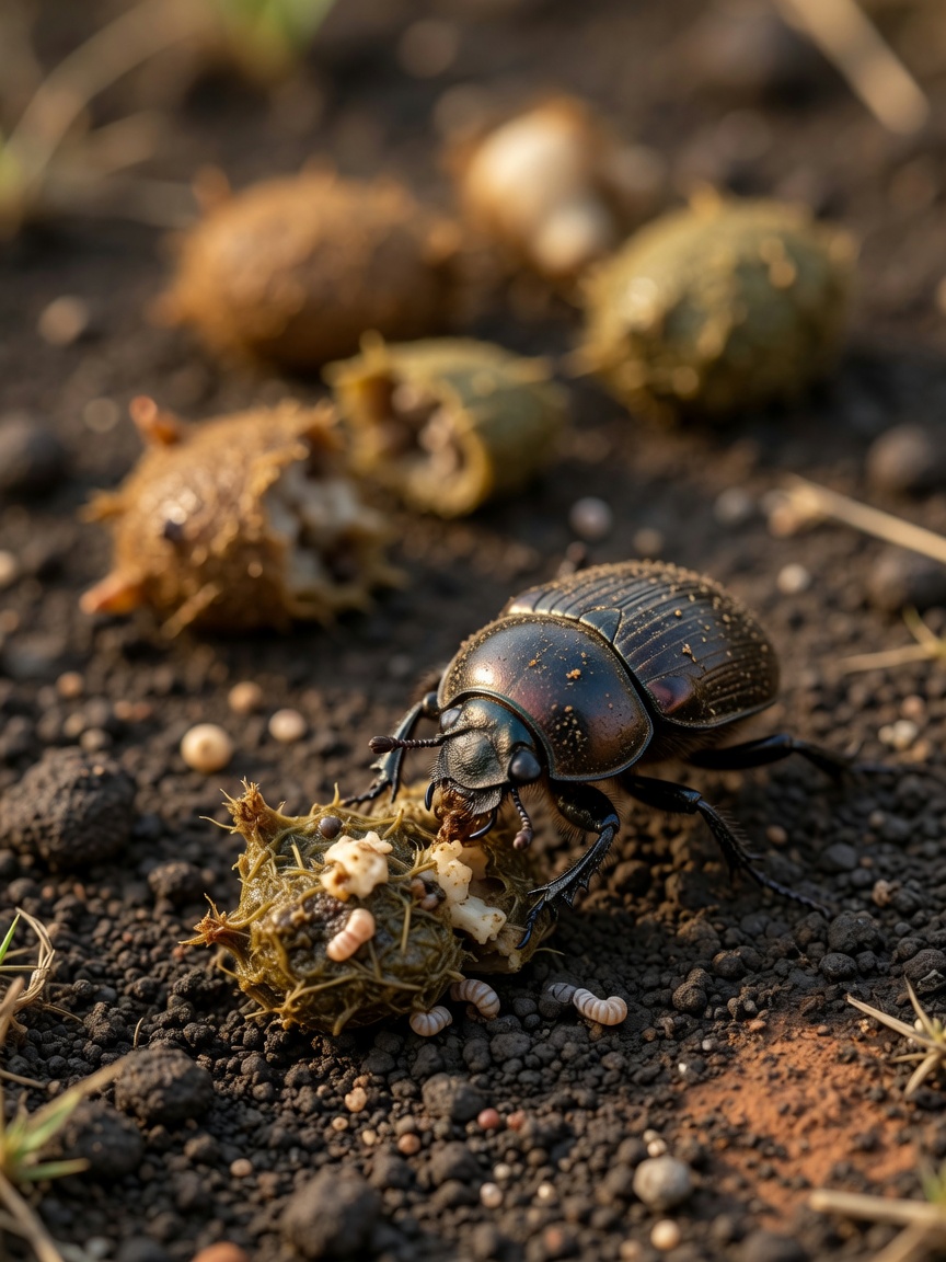 Dung beetle on soil, the intermediate host in the spirocerca lupi life cycle