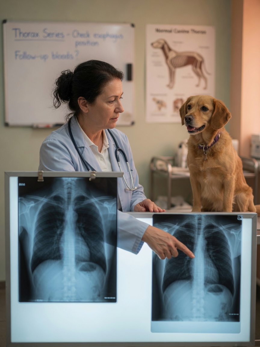 Veterinarian reviewing thoracic radiographs to diagnose spirocercosis in a dog