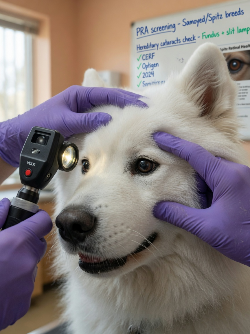 Close-up of a Samoyed receiving an ophthalmologic examination to screen for genetic eye disease