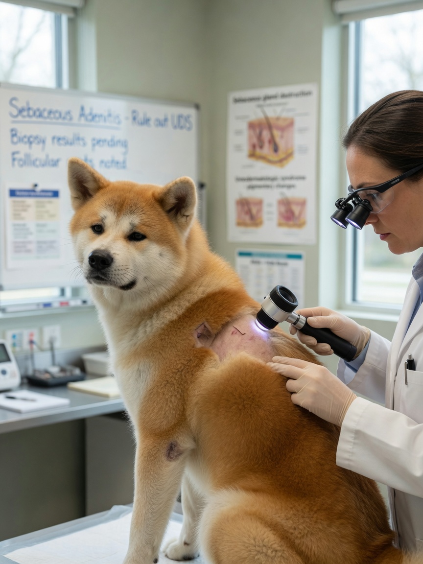 Veterinary dermatologist performing a skin biopsy examination on an Akita to diagnose inherited skin and immune conditions