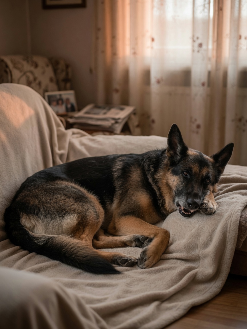 Elderly German Shepherd showing signs of lethargy and weakness associated with splenic haemangiosarcoma