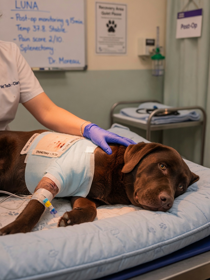 Labrador Retriever recovering from splenectomy surgery with post-operative bandaging and veterinary support