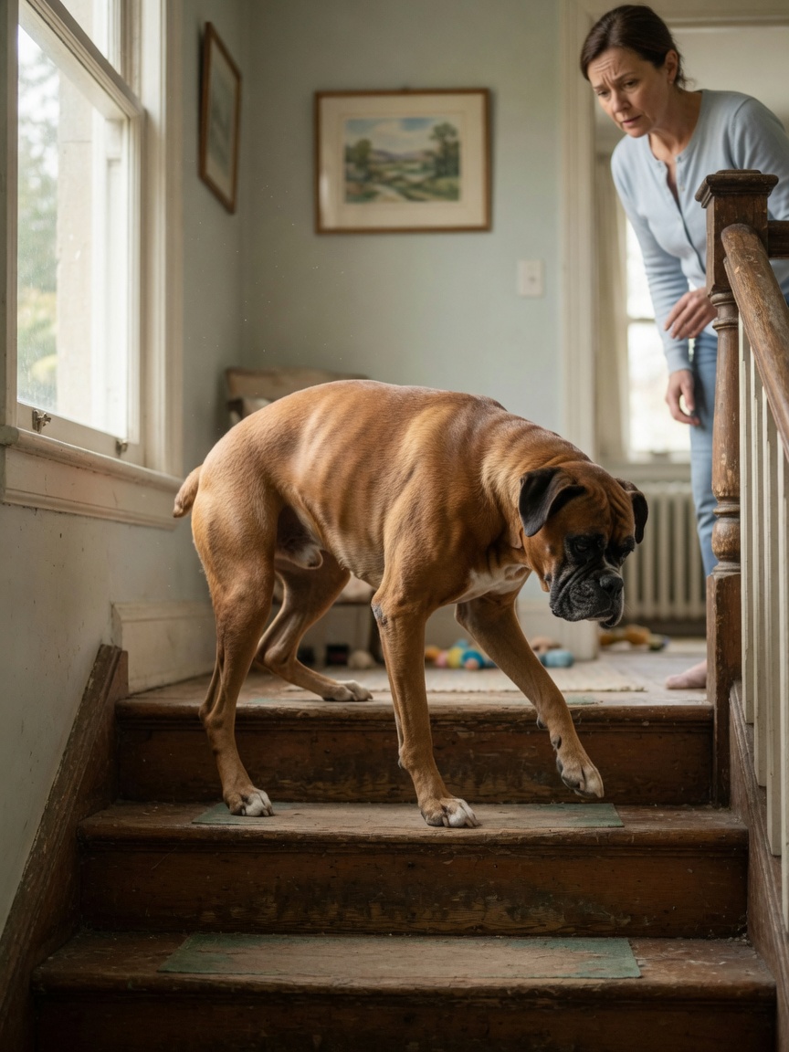 Senior Boxer struggling to climb stairs, showing hindlimb difficulty and hunched posture typical of spinal disease