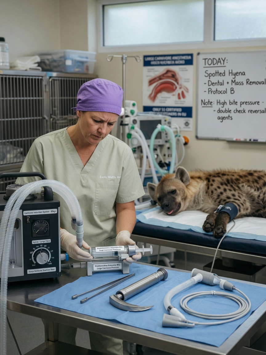Vétérinaire pour animaux exotiques préparant des équipements chirurgicaux spécialisés pour les soins des grands carnivores