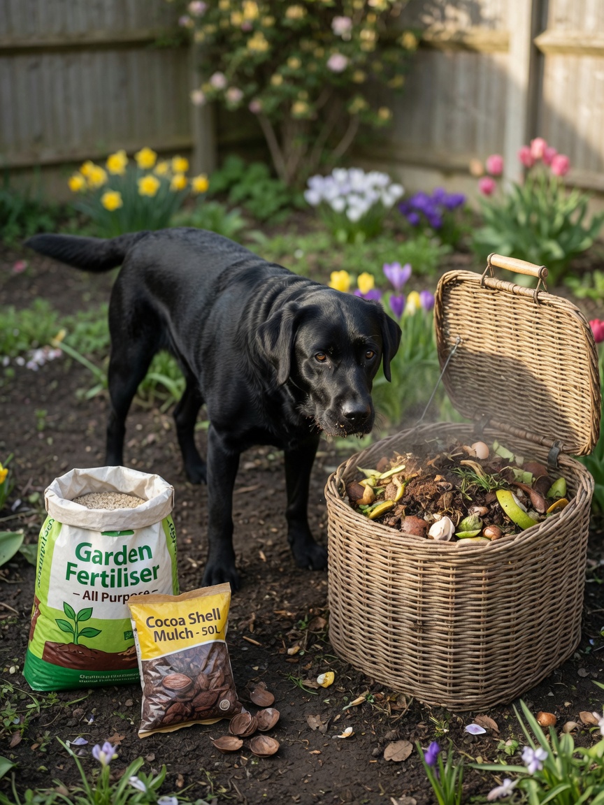 Black Labrador near an open garden compost bin with garden chemicals and mulch visible, showing spring garden hazards